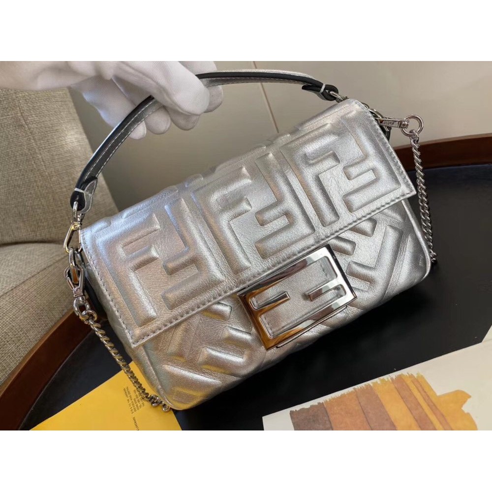 Fendi Baguette Mini Bag In Silver Lambskin With FF Motif IAMBS241343 Outlet Sales