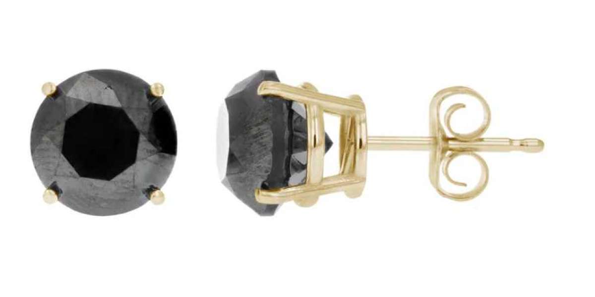 Black Diamond Prong Stud Earrings in 14K Gold with Push Backs